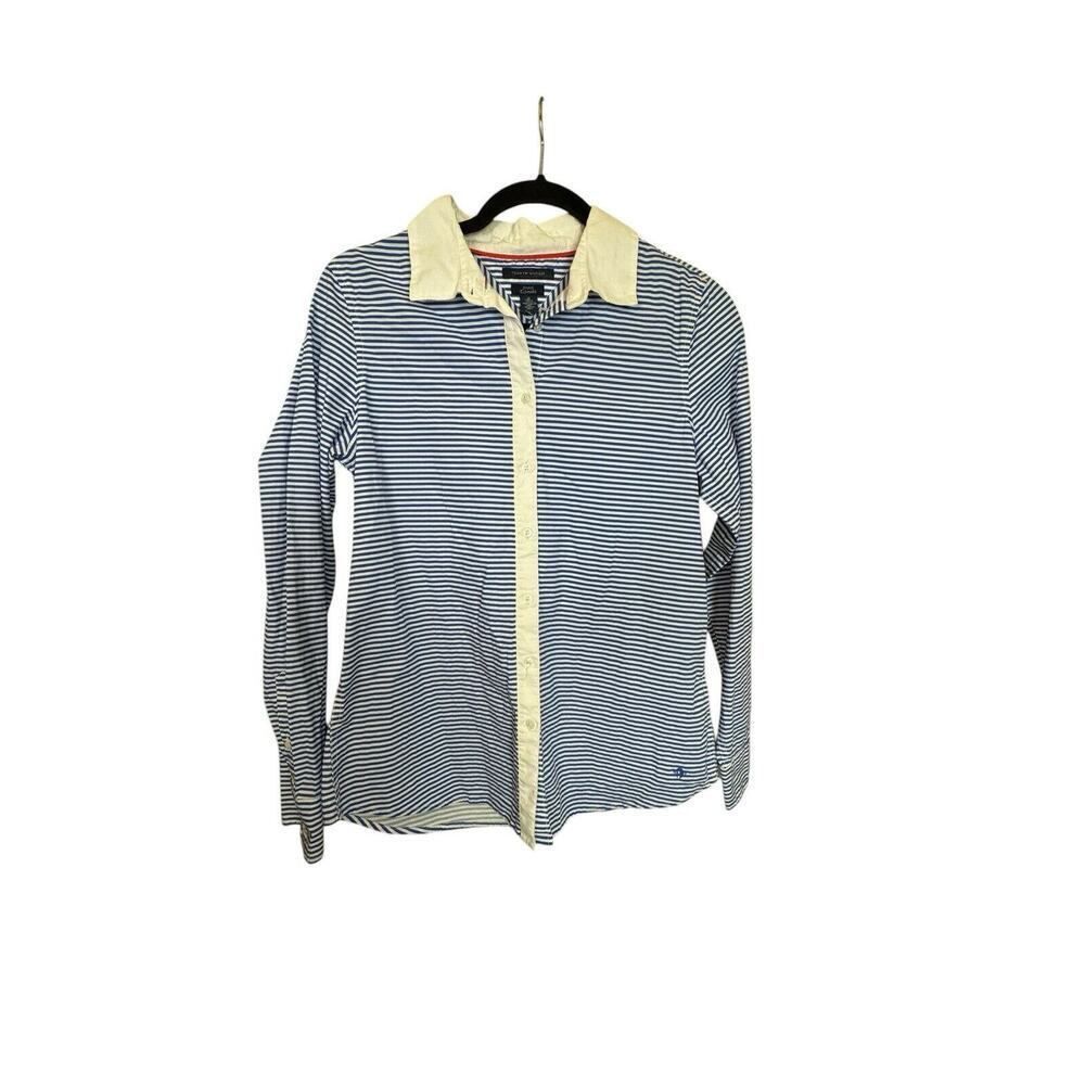 Tommy Hilfiger Stretch Blue And White Blouse M Collar Long Sleeves Button‎ Down